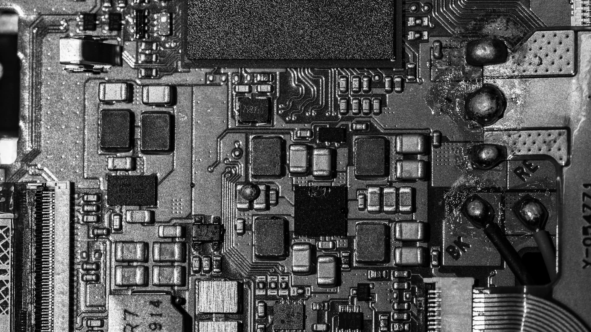 Close-up macro photo of a complex electronic circuit board