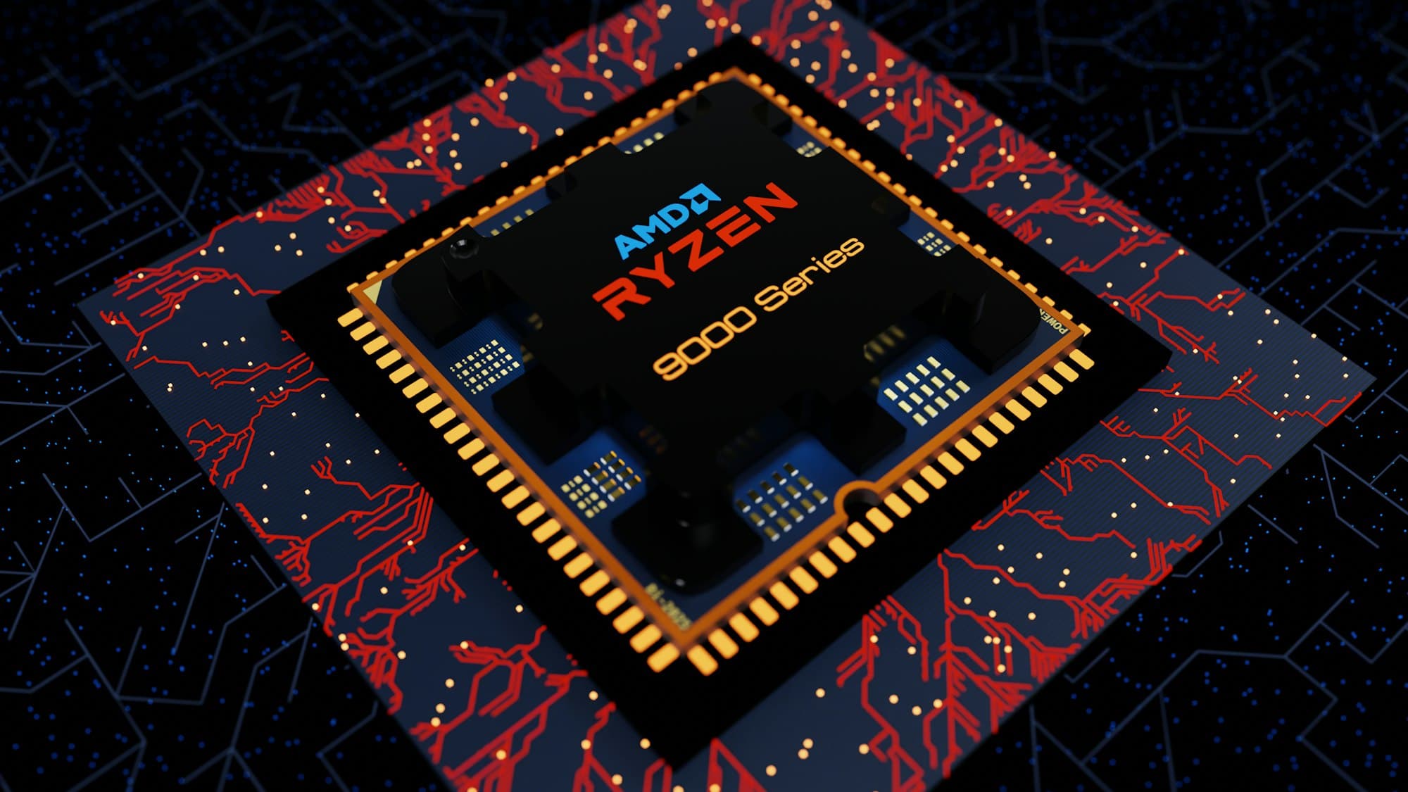 Close-up of a processor chip on a circuit board with intricate pathways
